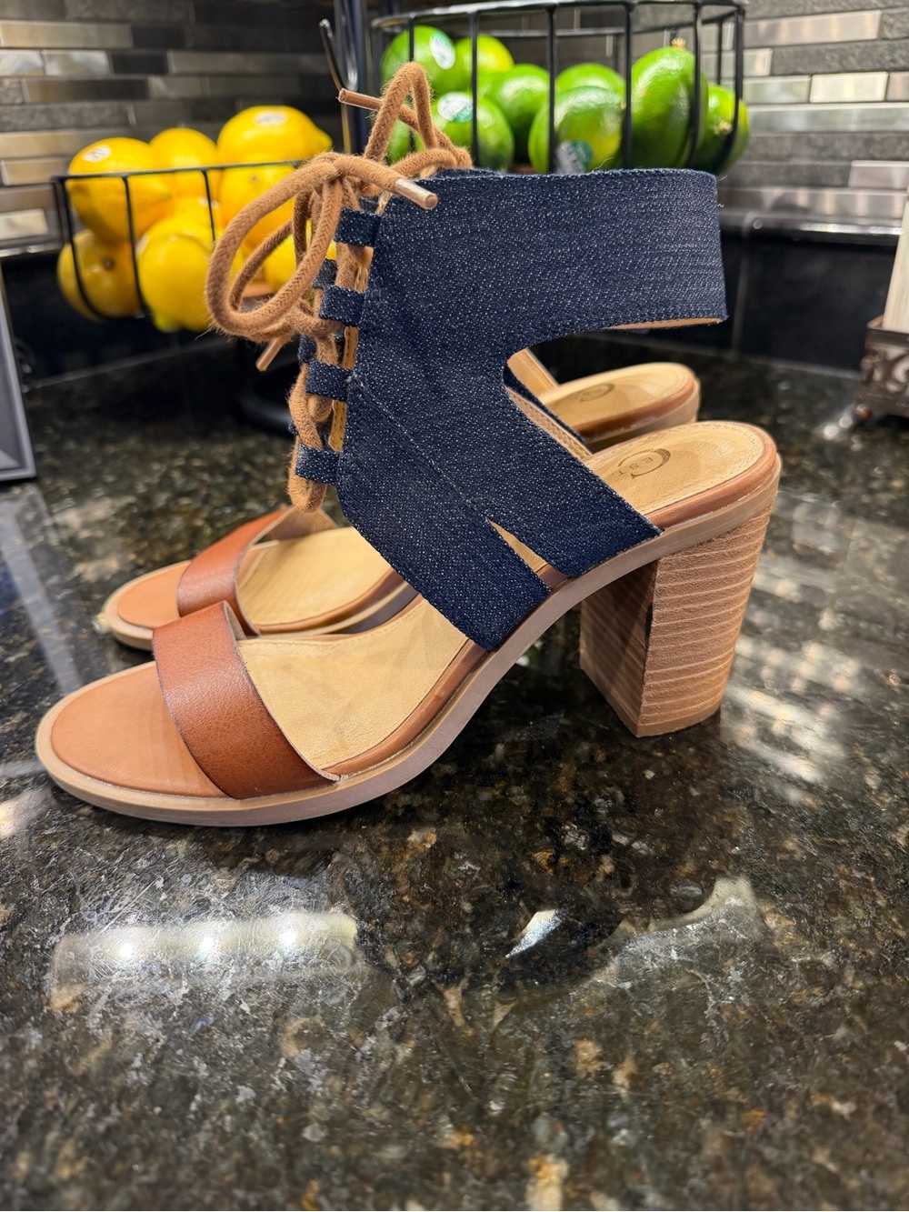 Cato Denim & Brown Lace-Up Block Heel Sandals - Women's